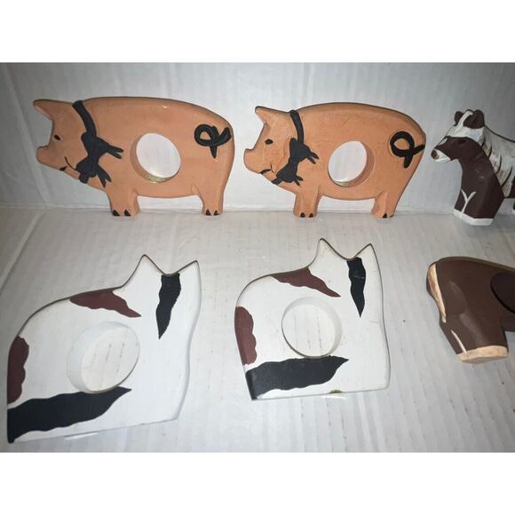 VINTAGE 8 Wooden Napkin Rings Rustic Farm Animals 3" hand painted Cat, pig,horse - Picture 6 of 8